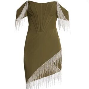 Elegant Corset Olive Green Dress with Fringe Details